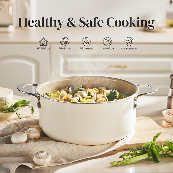 Redchef Ceramic Stock Pot with Lid, Soup Pot for All Stoves, 5 Qt Induction Cooking Pot for Soup Nonstick, Even Heating, Stay-Cool Handles, Oven/Dishwasher Safe, PTFE PFAS Free (Beige)
