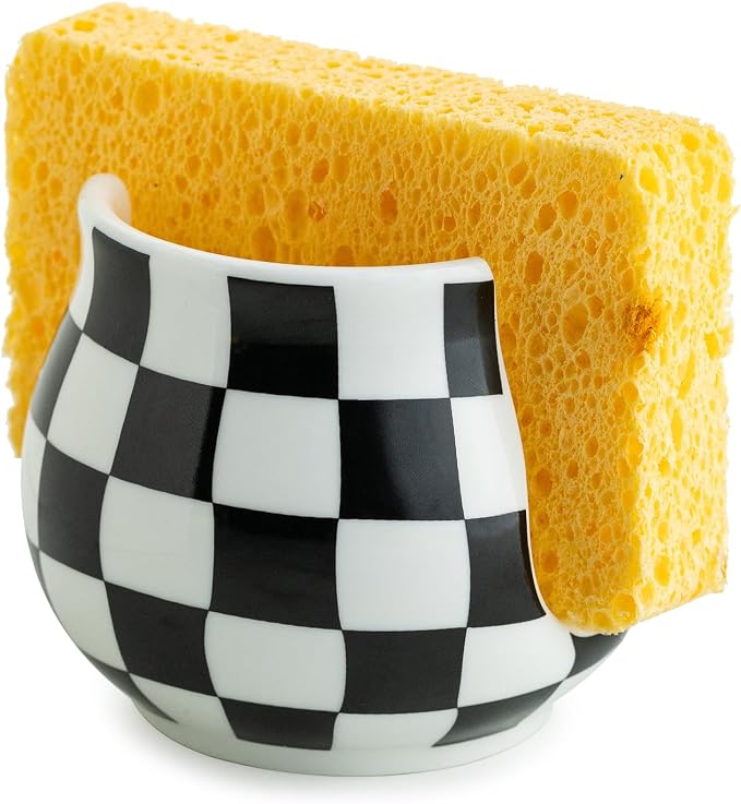 Zoeeker Sponge Holder for Kitchen Sink, Ceramic Checkered Sponge Organizer by LAUCHUH