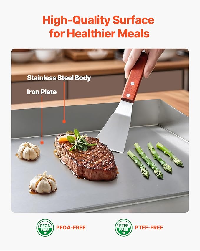 VEVOR Commercial Electric Griddle, 28.54 x 15.75 in, 2800W, 122-570°F Adjustable Temp Control, Stainless Steel Countertop Flat Top Grill with 2 Spatulas, 2 Brushes, 4 Foot Pads, for Steak(NO PLUG)