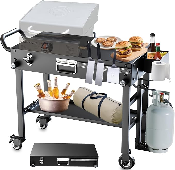 Portable Stand for Blackstone 17 & 22 Inch Griddle - Sturdy Outdoor Grill Table for Ooni Pizza Oven, Ninja Woodfire Grills, Foldable Grill Cart w/Wheels, Gas Tank Mount & Storage Shelf