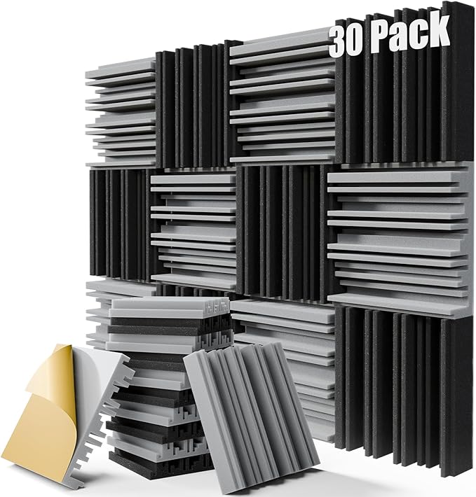 30 Pack Sound Proof Foam Panels for Walls, 12" x 12" x 2" Self-Adhesive Acoustic Panels, High-Density Soundproof Wall Panels for Studio Home and Ceilings (Black+gray)