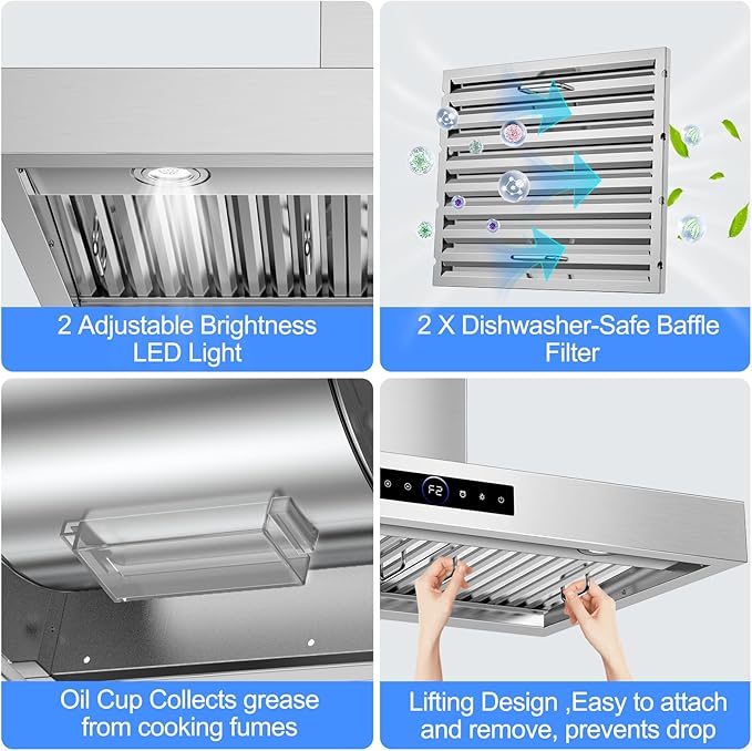 30 inch Range Hood Wall Mount, 1200 CFM with 4-Speed Gesture Sensing & Touch Control, Stainless Steel Ducted Kitchen Stove Vent Hoods with 2 LED Lights, Time Setting, Dishwasher-Safe Baffle Filters