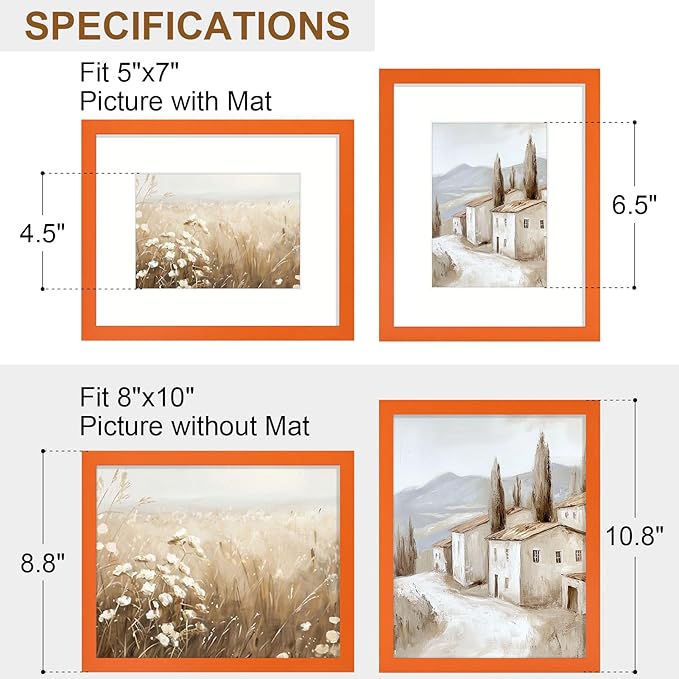 Vittanly 8x10 Picture Frame Set of 2, Solid Wood Frame for Wall or Tabletop, Display Photo 5x7 with Mat or 8x10 without Mat, Orange