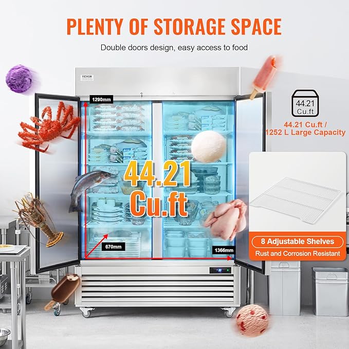 VEVOR Commercial Freezer 44.21 Cu.ft, Reach In 54.4" W Upright Freezer 2 Doors, Auto-Defrost Stainless Steel Reach-in Freezer with 8 Adjustable Shelves, -13 to 5℉ Temp Control, LED Lighting, 4 Wheels