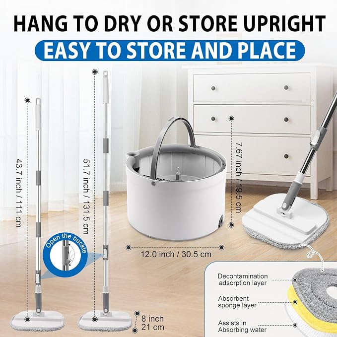 Spin Mop and Bucket with Wringer Set, Clean/Dirty Water, 3 Pads - Image 2