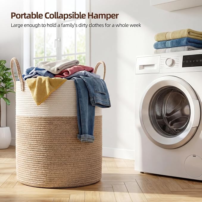 OIAHOMY 60L Nursery Hamper Laundry Basket Laundry Hamper Brown/White - Image 3