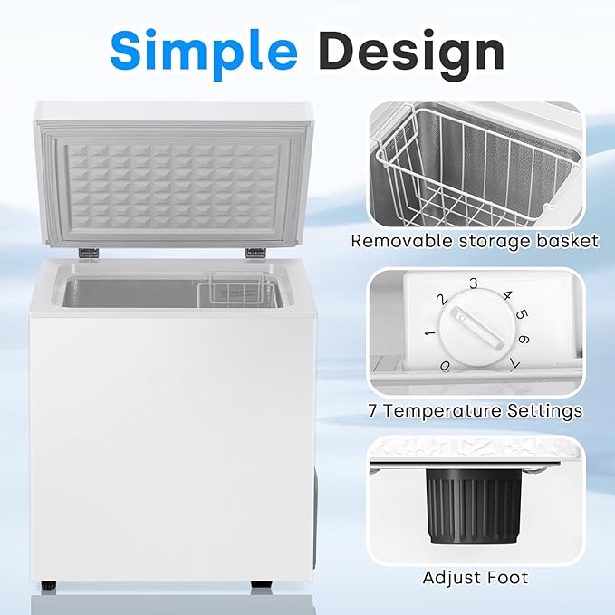 2.0 Cu.Ft Chest Freezer, Compact Chest Freezer with 7 Thermostat, Mini Deep Freezer with Removable Basket, Low Noise, Top Door Free-Standing Freezer for Home/Dorm/Office/Apartment, White