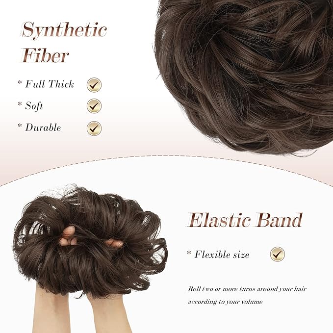FESHFEN Large Messy Bun Hair Piece - Wavy Synthetic Chignon Scrunchies Elastic Ponytail Hair Extensions Thick Hairpieces for Women, Medium Chestnut Brown 1.94oz