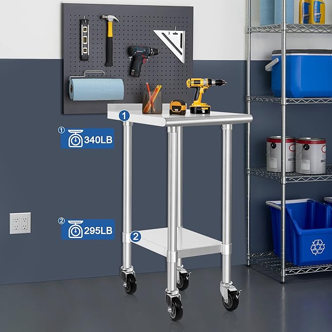 HARDURA Stainless Steel Commercial Work Table with Wheels Prep & Work Metal Table 24×18 Inches Heavy Duty NSF with Casters and 2" Backsplash
