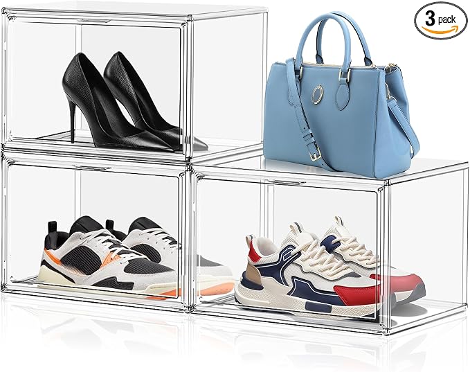 3 Pack X-Large Acrylic Shoe Display Case Size 14, Wide Magnetic Door by EZJOB