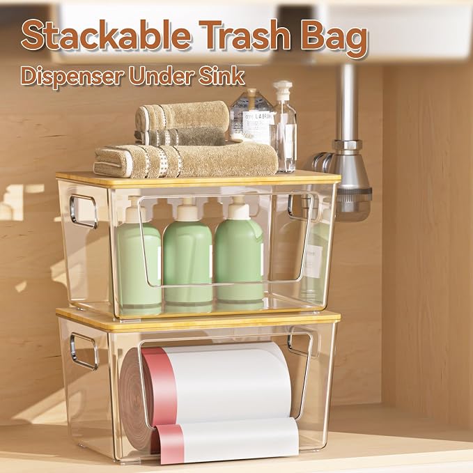 spospo Trash Bag Holder with Bamboo Lid Stackable Trash Bag Dispenser | Extra - Image 2