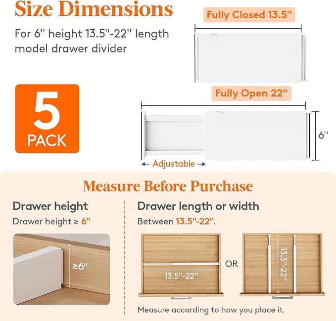 Lifewit 6" Tall Upgrade Drawer Dividers, Adjustable Deep Drawer Organizer | - Image 2
