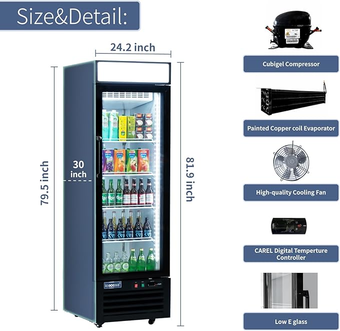 ICECASA 24" W Merchandiser Commercial Display Refrigerator Single Glass Door Reach-in 18 Cu.ft Display Refrigerator Fan Cooling for Restuarant, Bar, Shop, etc