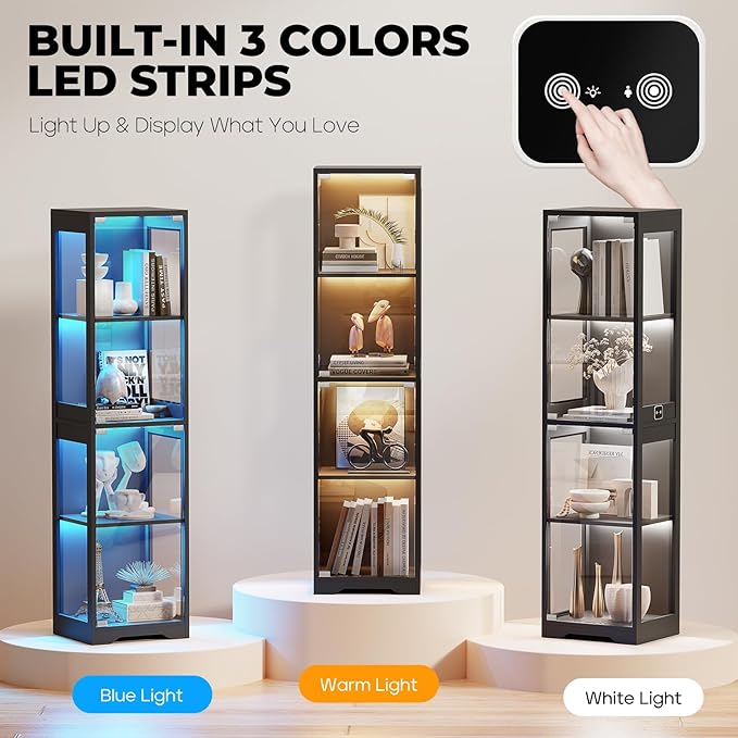 Glass Display Cabinet, 4-Tier Curio Cabinets with 3 Color Lights for Collectibles, Storage Cabinet with Door, Glass Display Case & Bookcase with Human Body Sensor, Black