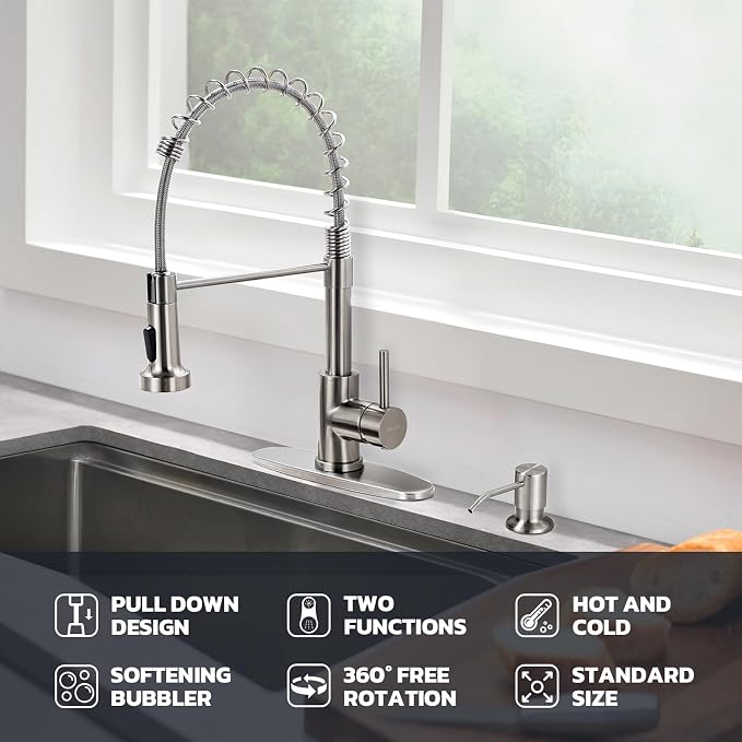 WEWE Kitchen Faucet with Soap Dispenser, Stainless Steel, Brushed Nickel | 2 - Image 2