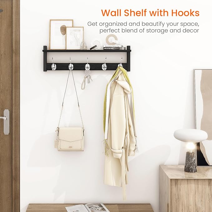 Coat Rack Wall Mount with Shelf, Wooden Coat Hanger - Image 2