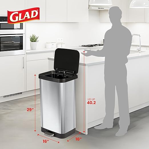 Glad Stainless Steel Step Trash Can with Clorox Odor Protection | Large Metal Kitchen Garbage Bin with Soft Close Lid, Foot Pedal and Waste Bag Roll Holder, 20 Gallon, Stainless