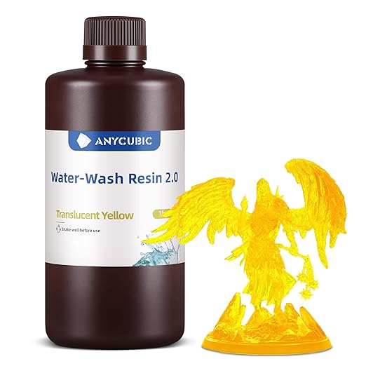 ANYCUBIC Water Washable 3D Printer Resin 2.0, 405nm High Precision 3D Resin, Low Shrinkage Photopolymer Resin for 4K/8K/12K Capable LCD DLP Resin 3D Printer (Clear Yellow, 1000g)