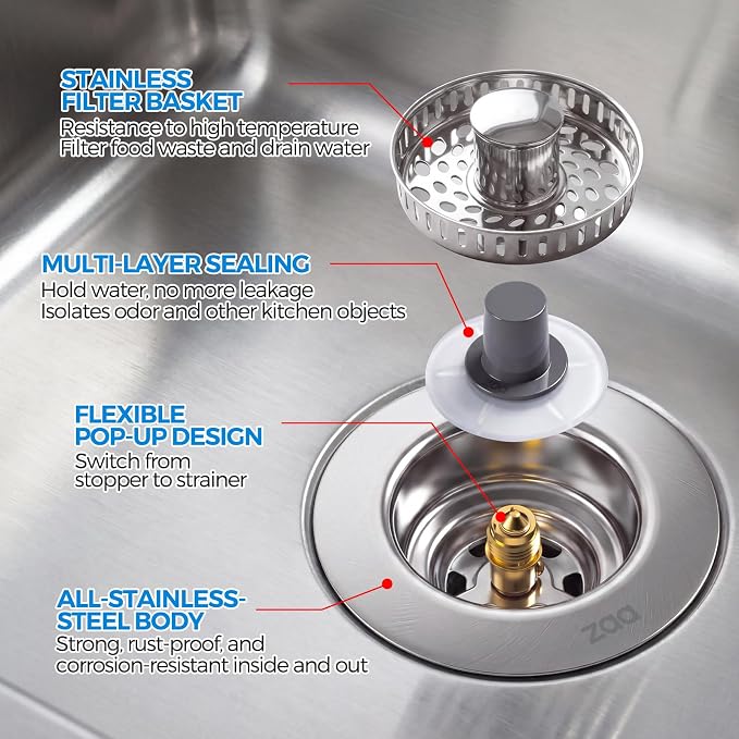 ZAA 3-in-1 Kitchen Sink Drain Strainer, 304 Stainless Steel Sink Stopper - Image 6