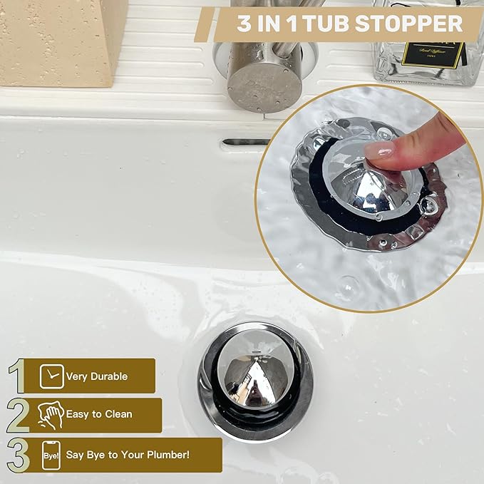 Tub Stopper, Bathtub Drain Stopper, Bathroom Sink Stopper, Pop-up Drain Stopper, Bathroom Drain Plug, Bathtub Drain Stopper, Bathtub Plug for 1-1/2 to 1-3/4" Bath Drain Hole, Easy to Install & Clean