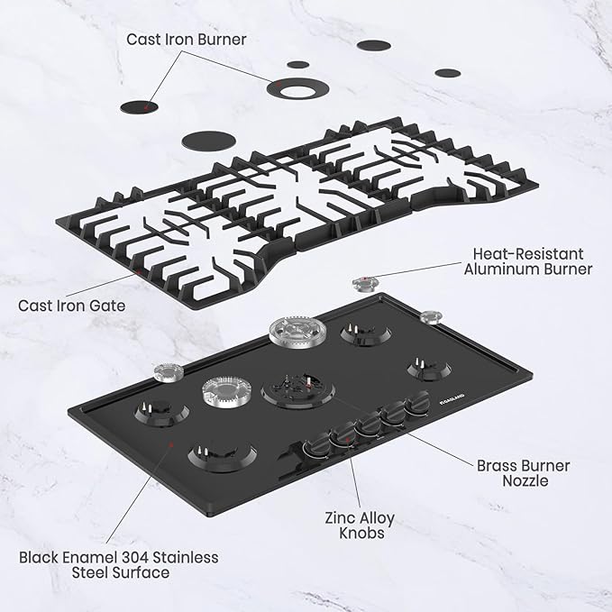 GASLAND Gas Cooktop 36 Inch with Griddle, PRO GH3365EF 5 Burner Propane Stovetop with Reversible Cast Iron Grill/Griddle, Gas Countertop Plug-in, NG/LPG Convertible Cooktops, Black