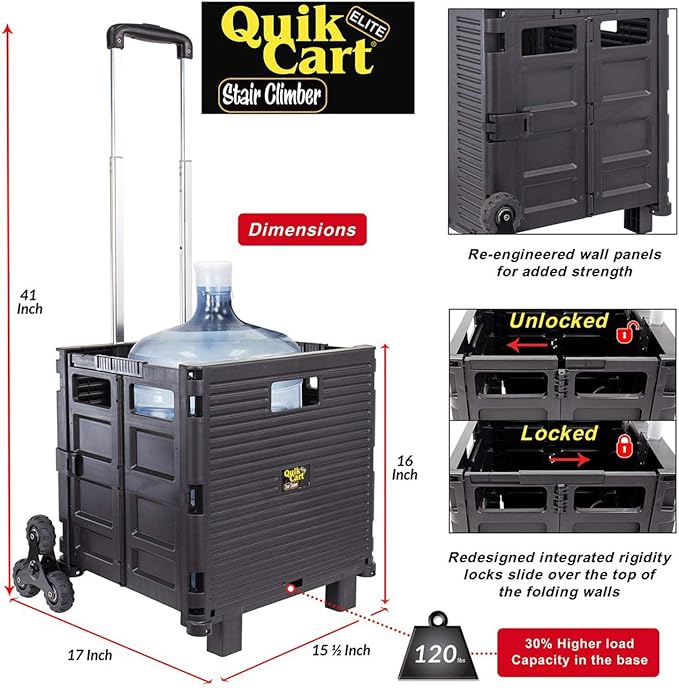 dbest products Quik Cart Elite Stair Climber Wheeled Rolling Crate Teacher Utility With seat Heavy Duty Collapsible Basket With Handle, Black