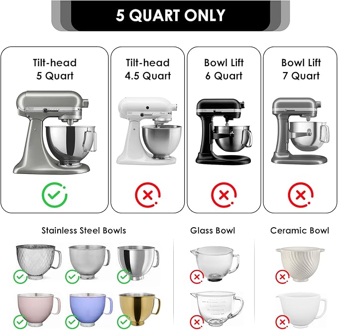 Omoiyari Premium 3-Pack Silicone Bowl Liners with Lids for KitchenAid 5-Qt Tilt-Head (Only), 2mm Extra-Thick Silicone, Odour-Free,Heat-Resistant,Air Valves for Dough Proofing,Dishwasher Safe, BPA Free
