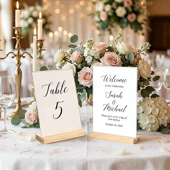 6pack 8.5x11 Acrylic Sign Holder with Wood Base for Picture Frames,L/T Shape Double Slot Design for Vertical or Slant Back Display, for Restaurant, Office, School, Store and Home Use