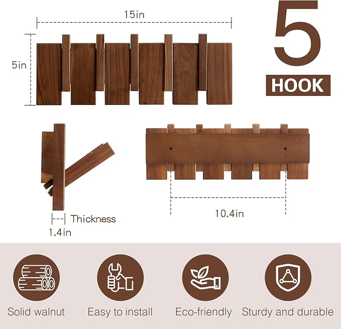 Coat Rack Wall Mount, Walnut 5 Flip-Down Picket Hanger Hooks - Image 2