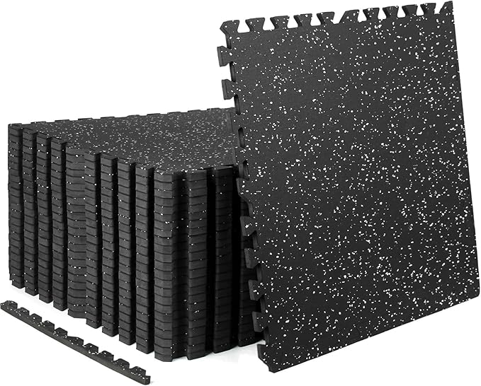 0.56in Thick 96 Sq Ft Exercise Equipment Mats, 24 Tiles Rubber Top EVA Foam Workout Mats, Interlocking Gym Flooring for Home Gym, 24 x 24in, Black & White