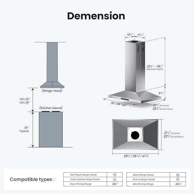 42In Island Range Hood, 390 CFM Stainless Steel Ducted Island Mount Range Hood, kitchen island vent hood with 3-Speed Fan, Touch/Gesture, 4 Stainless Steel Baffle Filters, Ceiling Mount