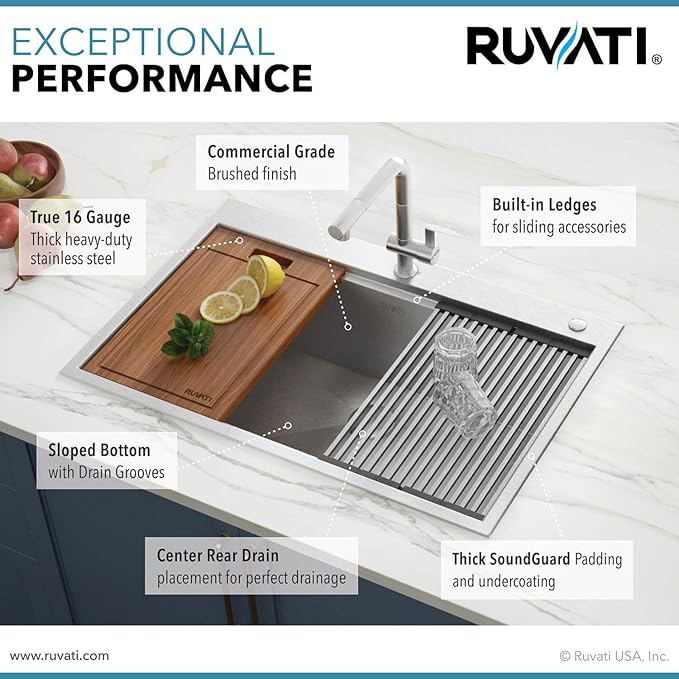 Ruvati 30 x 22 inch Workstation Drop-in Tight Radius Topmount 16 Gauge Ledge Stainless Steel Kitchen Sink Single Bowl - RVH8030