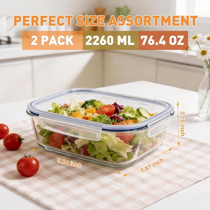 Liuruiyu 2 Pack 2260ml/76.4oz Glass Food Storage Containers - Image 3
