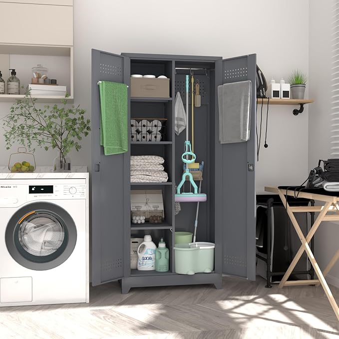 72.8" H Storage Cabinets,Broom Closet Storage Cabinet with Adjustable Shelves,Metal Lockable Storage Cabinet with Locking Doors,Tall Utility Cabinets for Garage,Laundry,Office,Grey