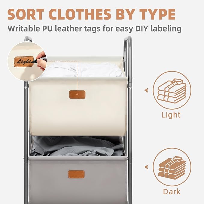 STORAGE MANIAC 80 Liters Vertical Rolling Laundry Hamper, 2 Section Laundry - Image 4