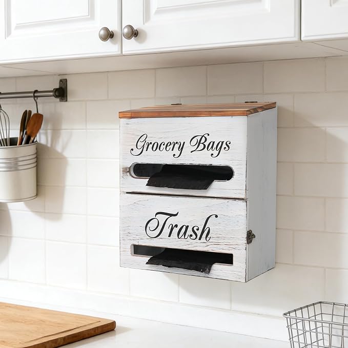 2 in 1 Trash Bag Dispenser, Double Wall Mounted, Wood Trash Bag Holder - Image 6