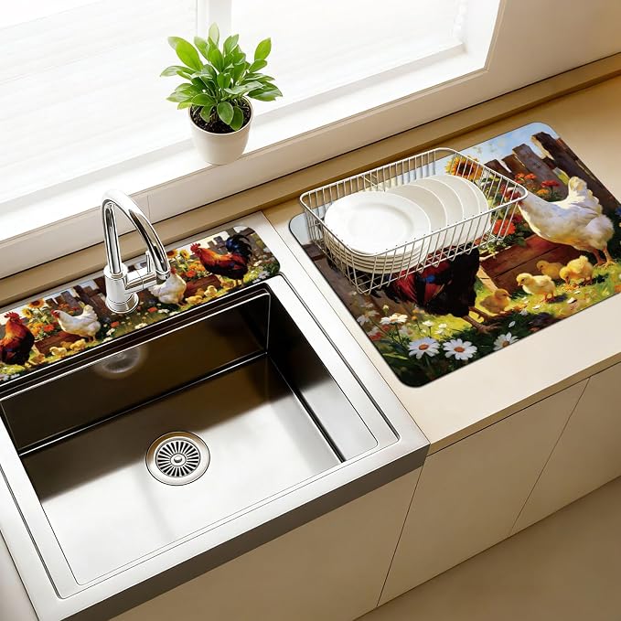 3 Pcs 2 Size Kitchen Sink Splash Guard Faucet Mat Farm Chicken Pattern Faucet by CONCHLERY%E6%97%97%E8%88%B0%E5%BA%97