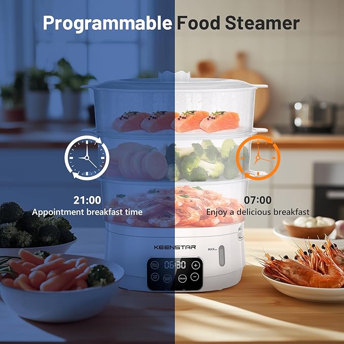 Electric Food Steamer, 13.7QT Vegetable Steamer with 3 Tiers BPA-Free Baskets, Digital Steamer with Appointment and Timer, 800W Simultaneous Cooking, Ideal for Veggies Seafood Rice White