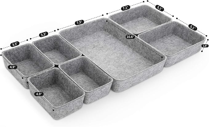 7pc Felt Desk Drawer Organizers Trays Gray Office Home Storage Bins - Image 7