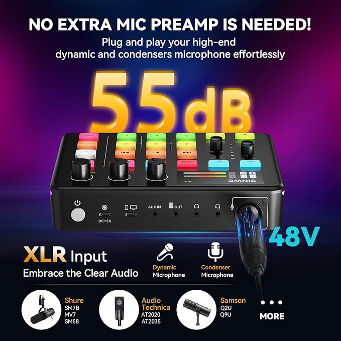SINWE G1 Gaming Audio Mixer, RGB Audio Interface with Pro-preamp,Bluetooth, Streaming PC Mixer with XLR/48V Phantom Power for Live Streaming, Podcasting, Content Create, Gaming(White)