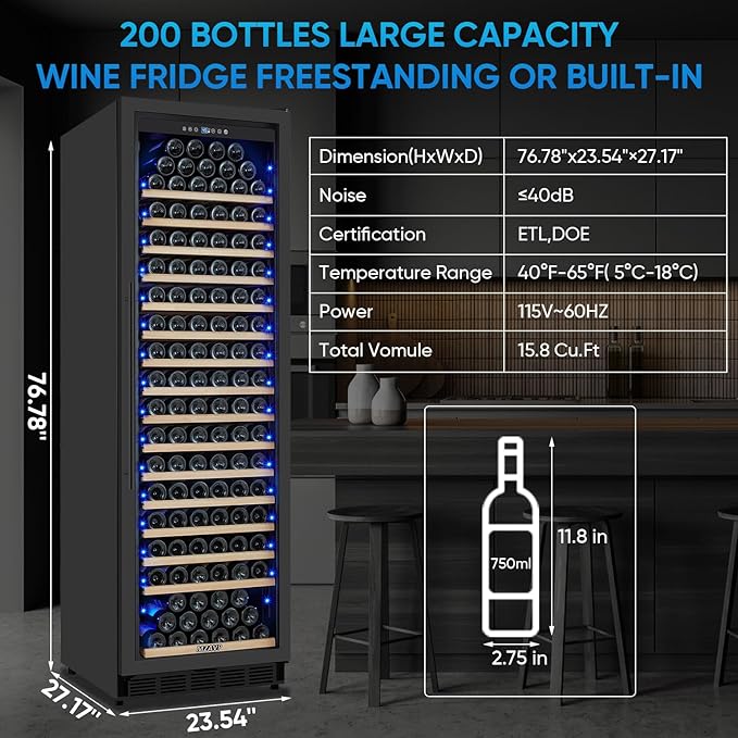 Large Wine Fridge, 200 Bottles Wine Fridge with Fast Cooling and Intelligent Temperature Memory, Wine Cooler Refrigerator Freestanding or Built-in, Tall Wine Refrigerator with Glass Door, Black