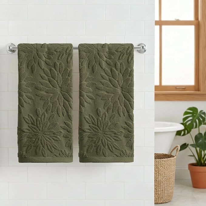 Artoid Mode 2 Pcs Olive Green 3D Dahlia Floral Jacquard Hand Towels - Image 2