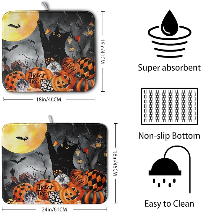 Halloween Black Cat Pumpkin Dish Drying Mat - Image 2