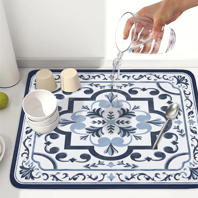 Giwawa Navy Flower Dish Drying Mat Modern Boho Microfiber Dishes Drainer Pad - Image 6