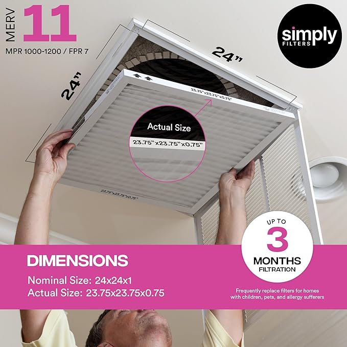 Simply 24x24x1 Air Filter, Merv 11, 6 Pack, For Home AC Furnace & HVAC (Actual Size: 23.75"x23.75"x0.75") DUST, Pet, & Allergy Control