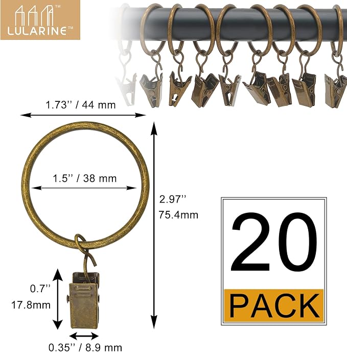 20 Pack Curtain Rings with Clips 1.5" Interior Diameter, Metal Drapery Clips - Image 2