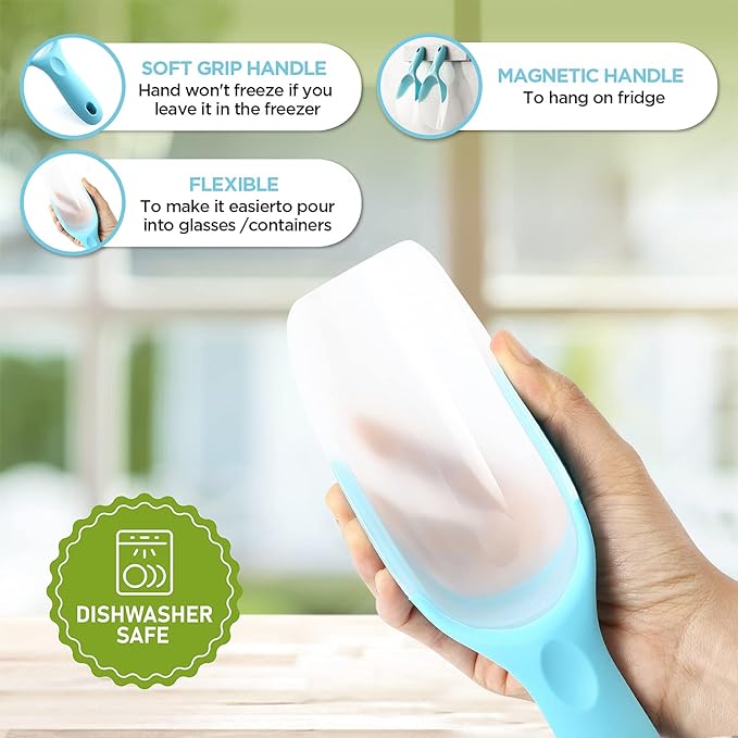 Spring Chef Magnetic Ice Scoop for Freezer, Contoured Translucent BPA-Free Plastic Scoops with Soft Grip Handle, Kitchen Ice Scooper for Dry Goods, Popcorn, Pet Food, Flour - Set of 2 - Aqua Sky