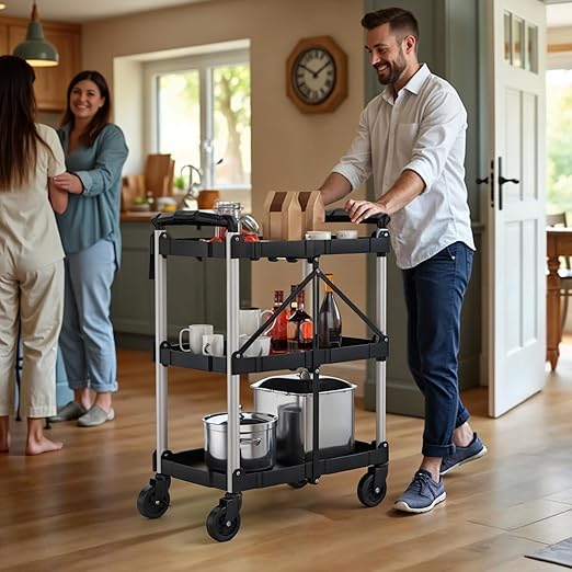 YITAHOME 240LBS Folding Utility Cart with Wheels, 3 Tier Foldable Service Cart Collapsible Rolling Cart with 360° Swivel Wheels (2 with Brakes), Portable Tool Cart for Home Garage Restaurant Office