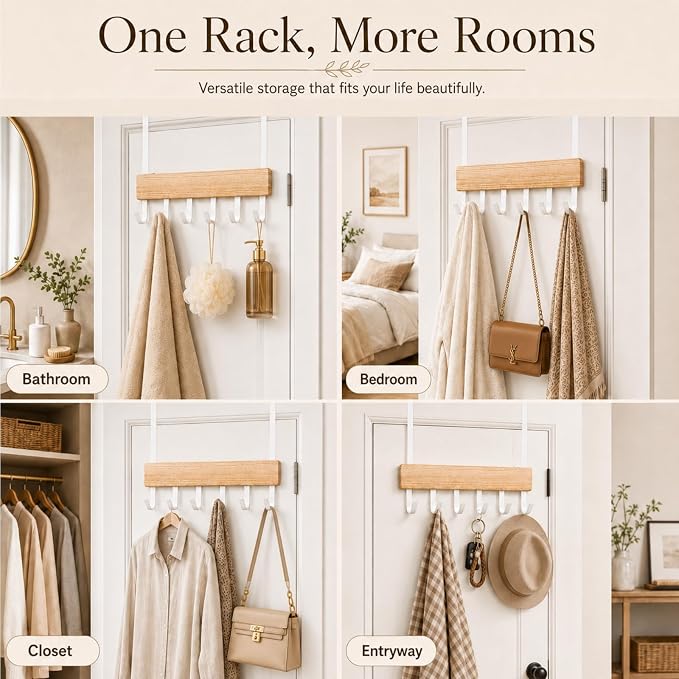 Peasulin Wood & Metal Over the Door Hooks, 11IN Over the Door Hook Rack | 6 - Image 3