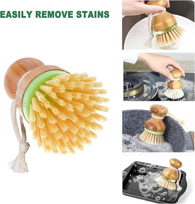 Bamboo Dish Brush, Scrub Brush for Dishes Pots Pans Kitchen Sink Cast Iron - Image 2